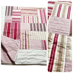 Pottery Barn King Quilt 90" x 111" Striped Patchwork Red Beige Reversible